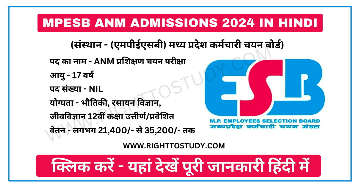 MPESB ANM Admissions 2024 in Hindi