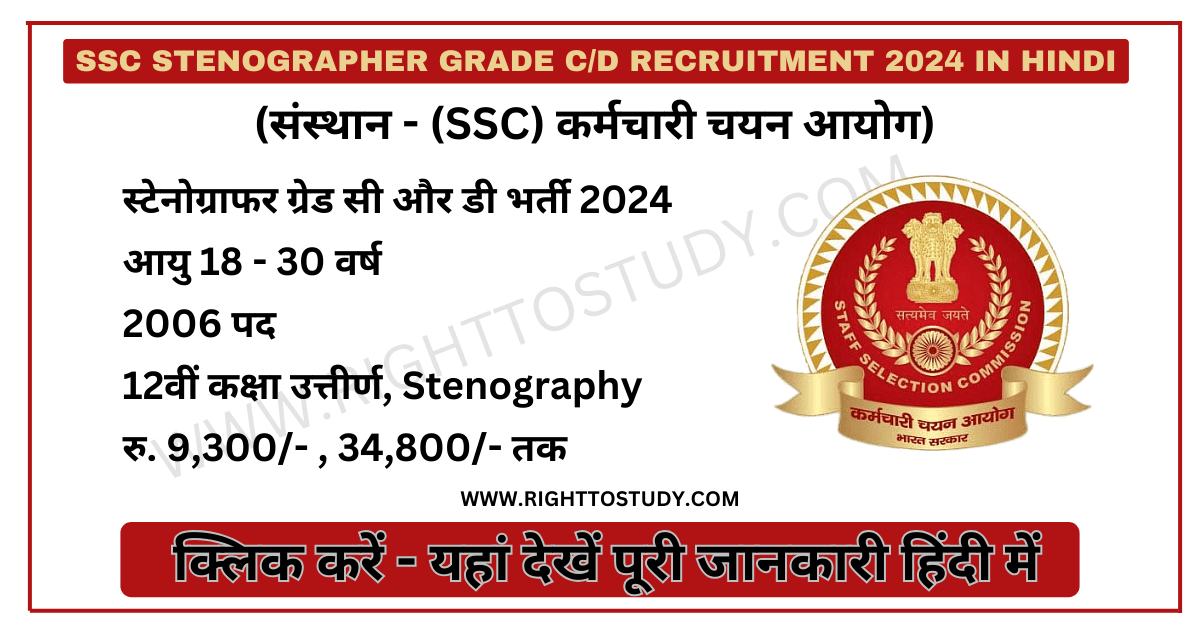 SSC Stenographer Grade C/D Recruitment 2024 in Hindi